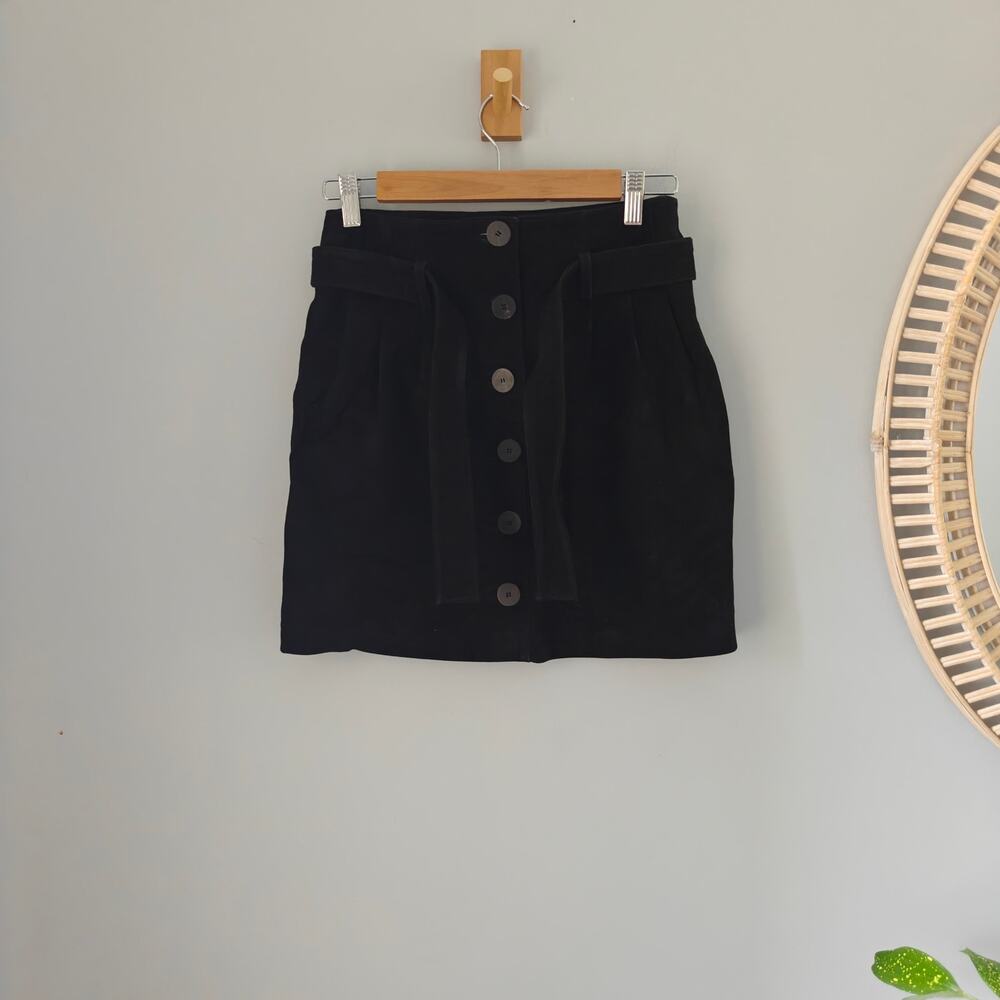 Sezane Black 100% Goat Suede Leather Button Front Belted Mini Skirt 34 US 2 XS